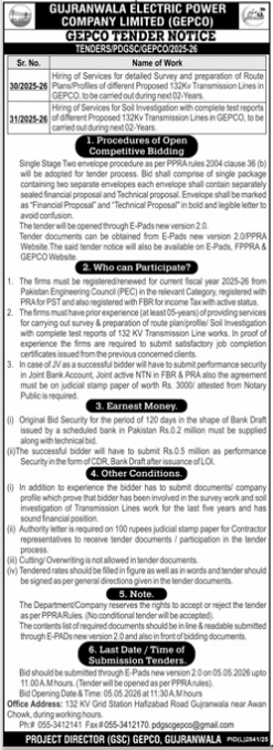 Hiring of Services for Survey & Soil Investigation of 132 KV Transmission Lines in GEPCO - Gujranwala Electric Power Company Limited (GEPCO), GEPCO Tender Notice